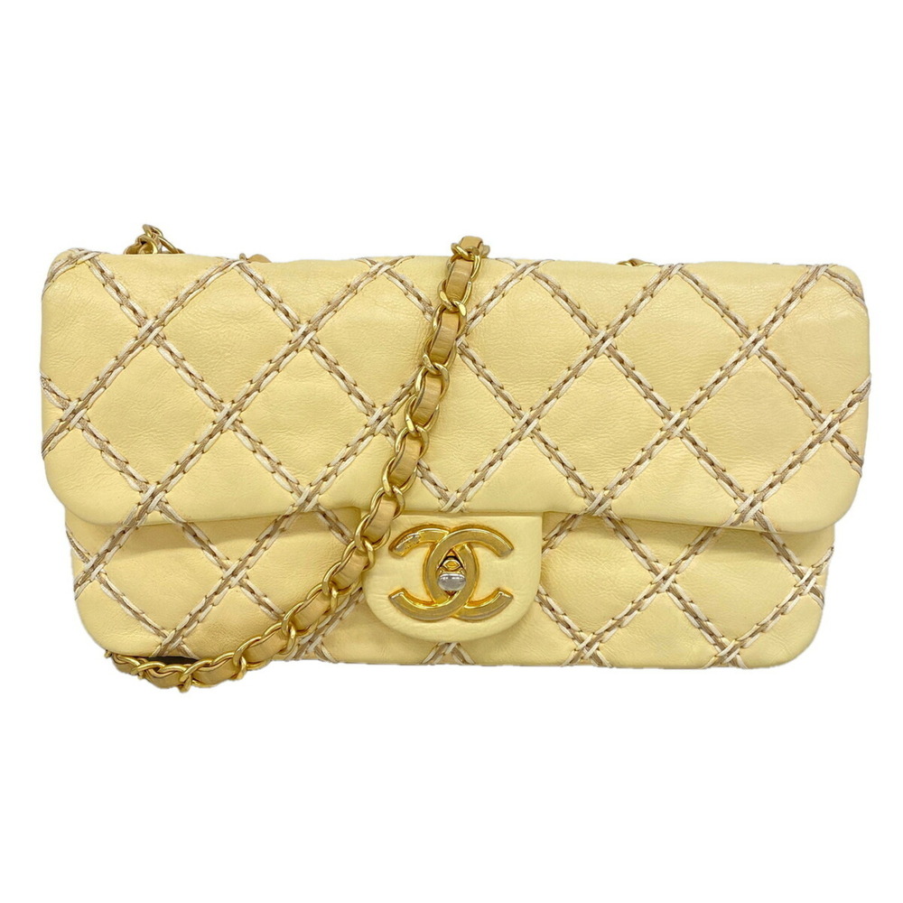 Chanel Shoulder Bag, Double Chain, Ultra Stitch Leather, Cream Yellow, Women'...